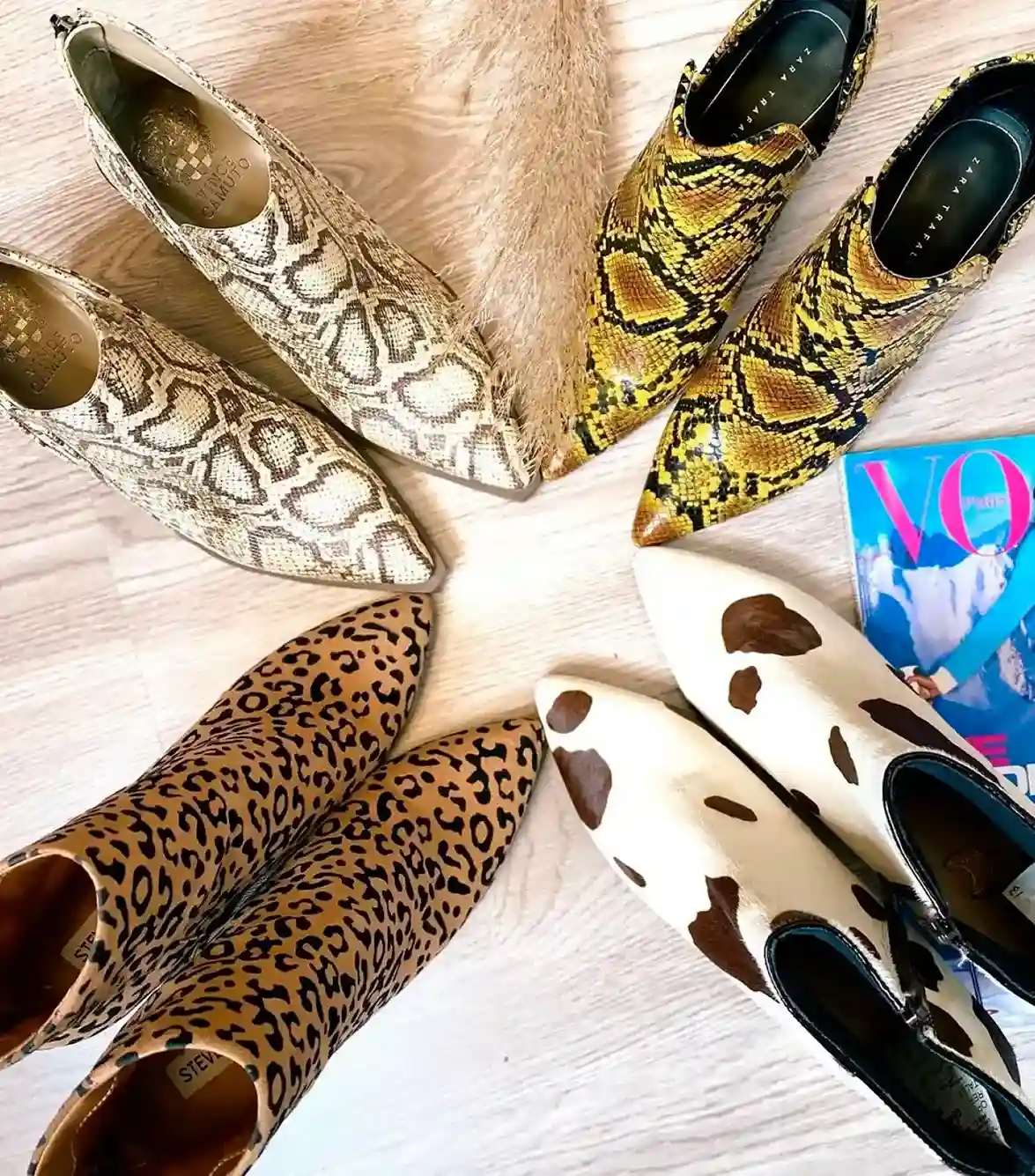Botines de estampado animal print dispuestos en círculo sobre piso de madera, incluyendo diseños de serpiente, leopardo y vaca